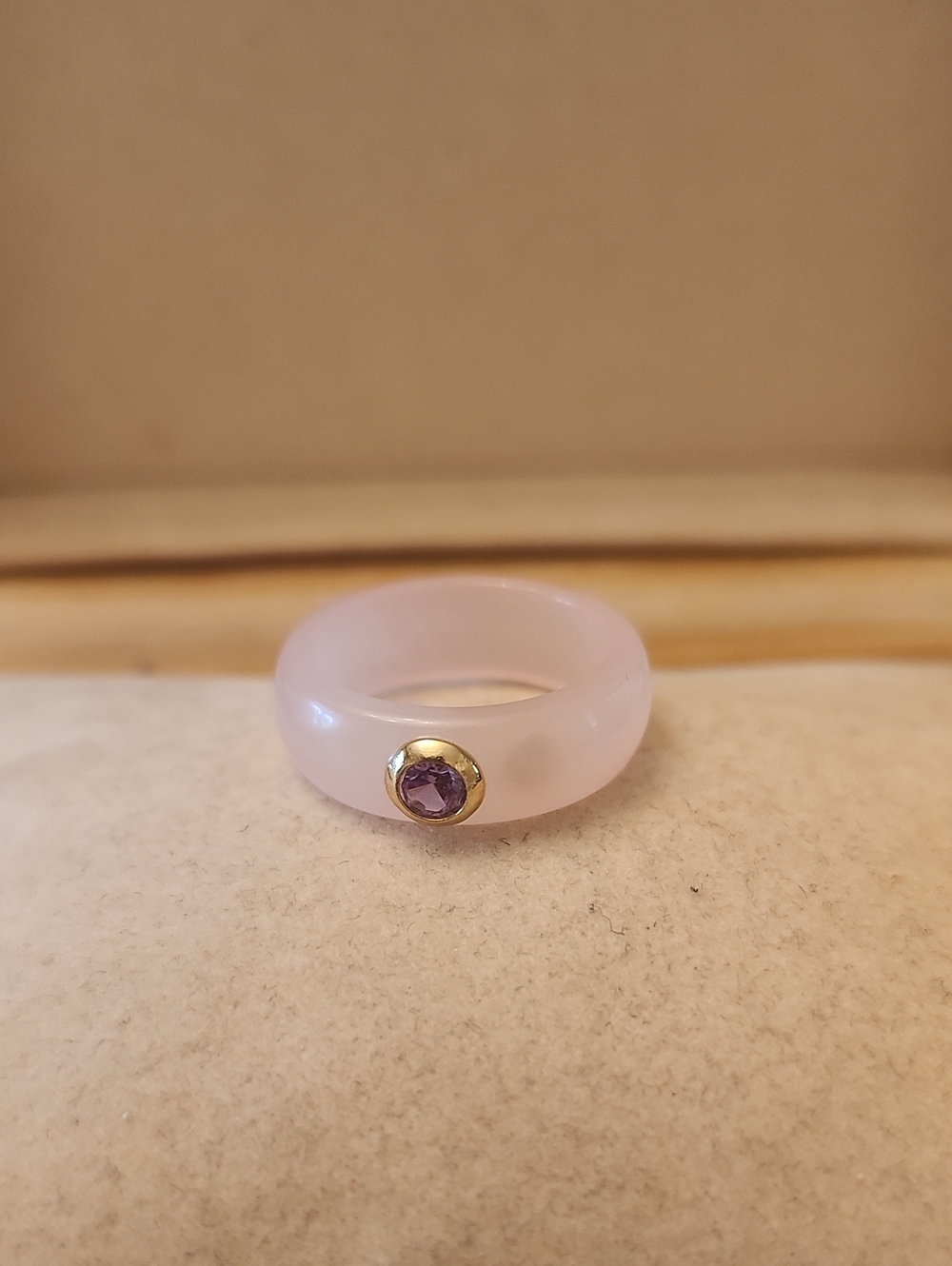 Pink Jade and .20 Carat Amethyst Ring With 10kt Yellow Gold Size 7